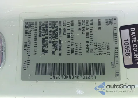 2021 Nissan Nv200 Cargo Sv Xtronic Cvt z USA, uszkodzony, nr VIN 3N6CM0KN0MK701899